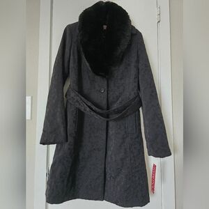 Merona Black Trench Coat with Faux Fur Collar